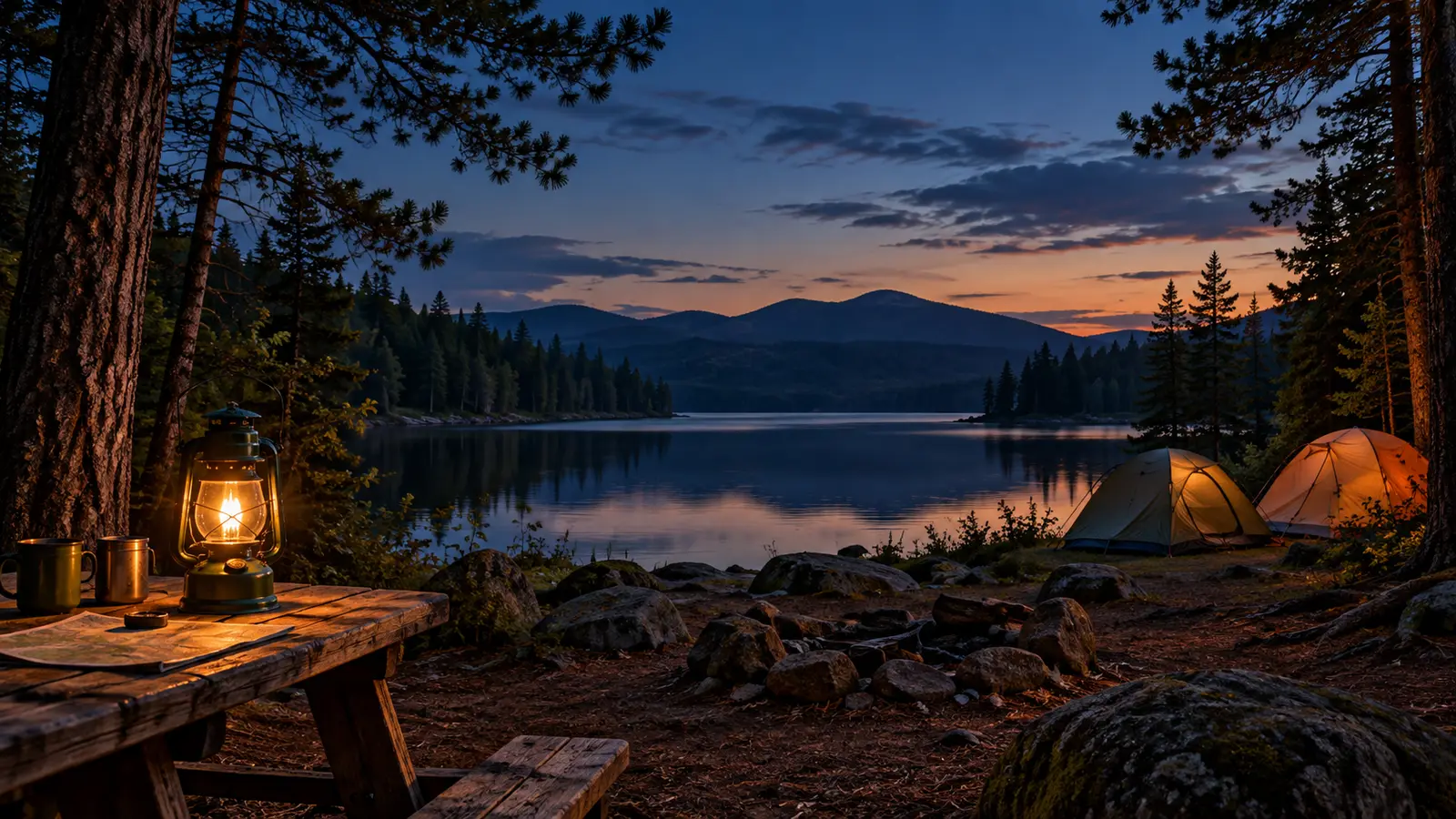 Illustrative lakeside campsite with a glowing lantern at dusk
